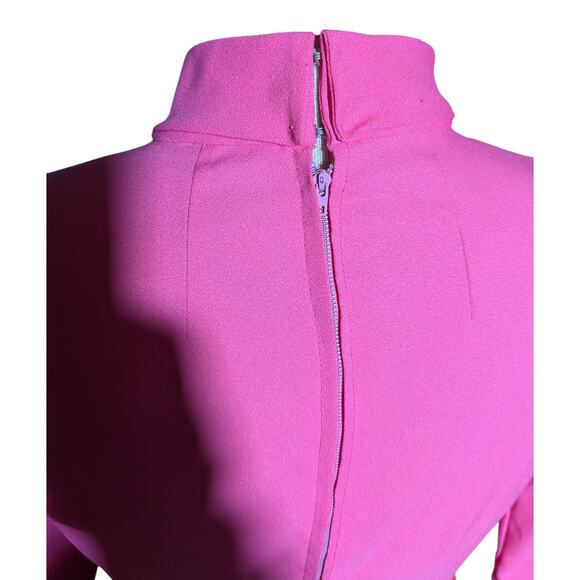 Vtg 1970s Hot Pink Mock Neck Barkcloth Neon Mod Floral Maxi Dress Sz 6 - Picture 4 of 4